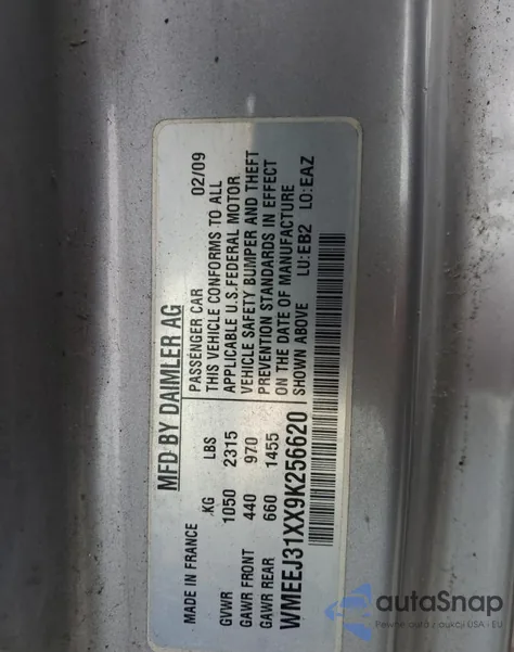 2009 Smart Fortwo Pure z USA, uszkodzony, nr VIN WMEEJ31XX9K256620